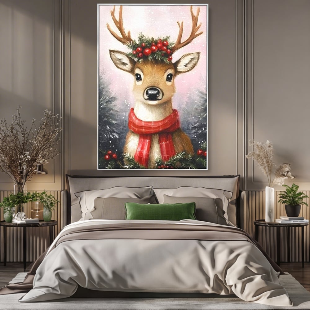 Tablou canvas cu tablou canvas cu ren festiv, in rama de aluminiu argintiu, pe perete intr-un dormitor